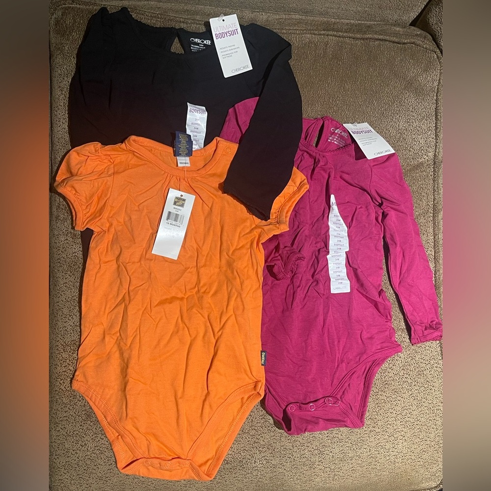 Kids Bodysuit Set of 3- Black & Pink- Cherokee(24mo); Orange- Osh Kosh (18mo)